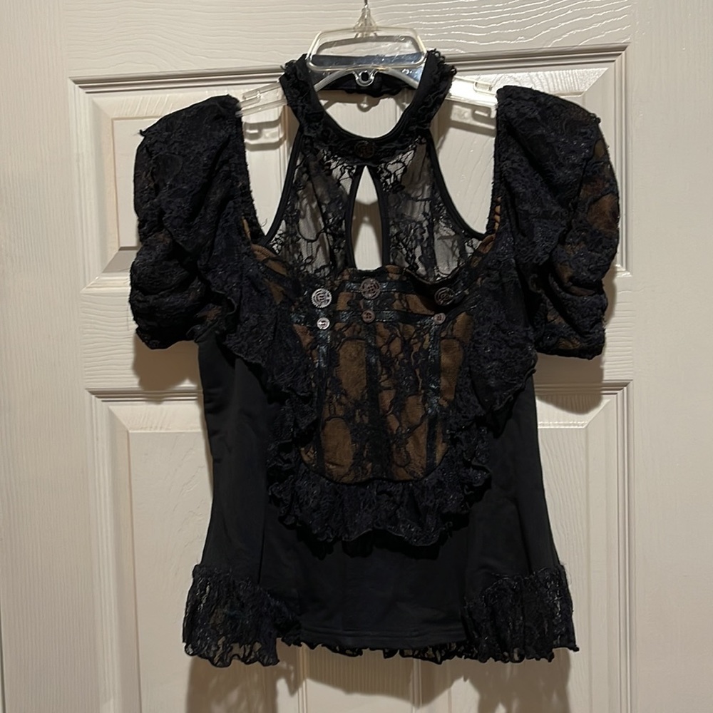 Black lace over brown steampunk stretchy top XL choker neckline
